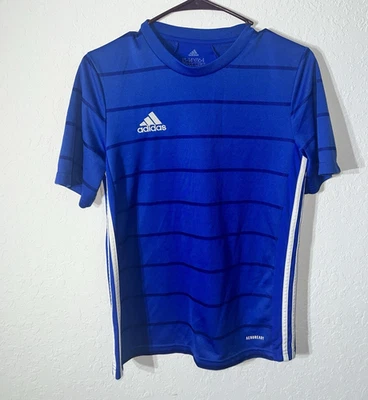 adidas AEROREADY Teens Blue White Striped Soccer Jersey T-Shirt 13-14Y - Image 1 of 4
