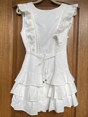 Olivaceous Women's Romper Dress M White Open Back Eyelet Lace Trim Ruffled Skirt