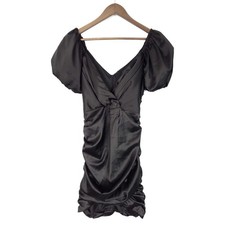 NEW NWT Lulus Black Satin Ruched Mini Dress Short Puff Sleeves V-Neck Size Small