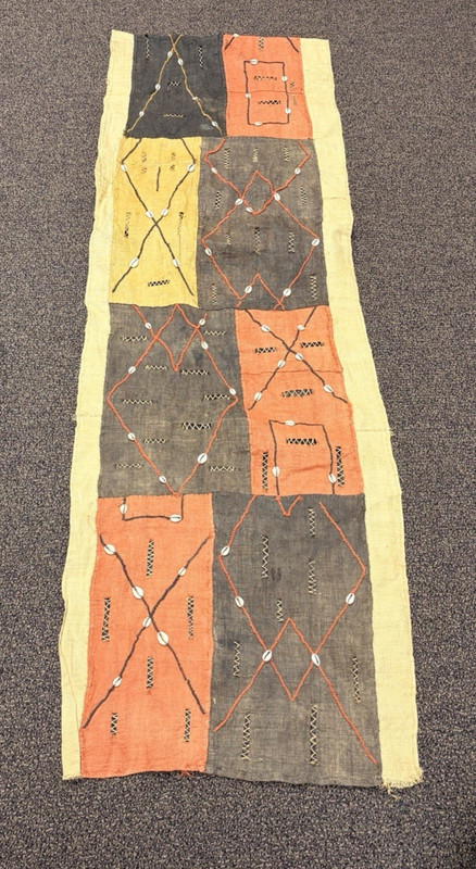 KUBA LONG CLOTH AFRICAN HANDWOVEN COWRIE EMBROIDERED WITH GEOMETRIC DESIGN