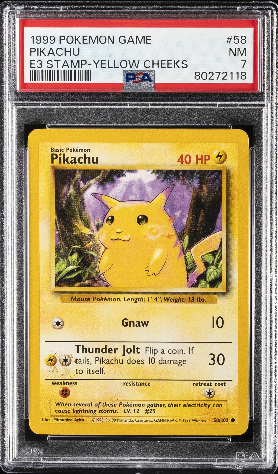 1999 POKEMON BASE SET UNLIMITED E3 STAMP-YELLOW CHEEKS #58 PIKACHU PSA 7