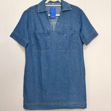 Womens Blue Jean Denim V-Neck Short Sleeve Shift Dress Medium New