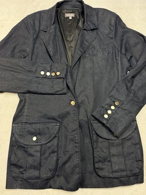 DL1961 MP Indigo Coated Denim Blazer Jacket Sz Lg Blue Gold Button Waxed Coat