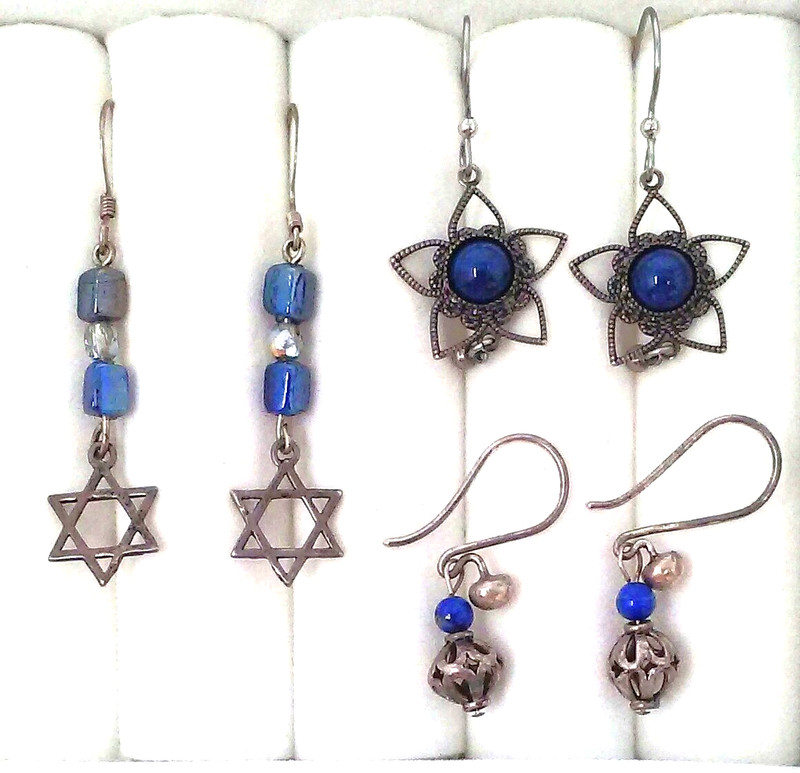 Vtg Signed Star of David Sterling Silver Blue Glass Dangle Wire Earrings + 2 Lot