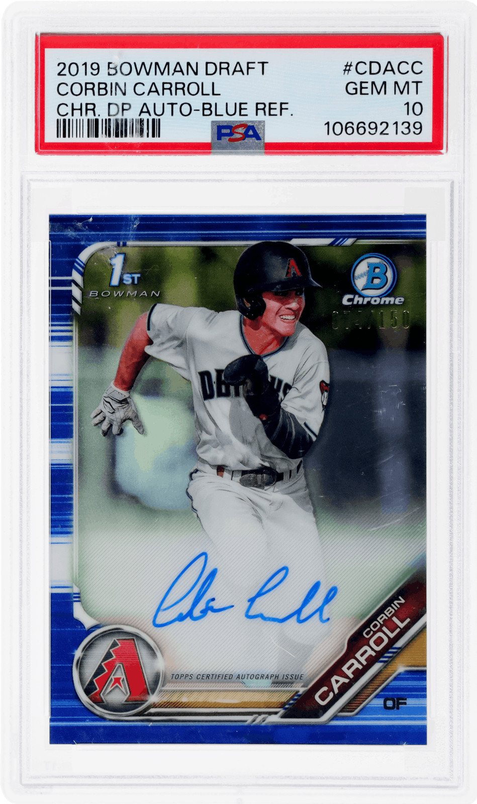 2019 Bowman Draft Corbin Carroll Chrome Auto Blue Refractor #CDACC /150 PSA 10