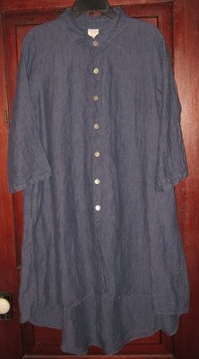 Match Point USA Sz L 100% Linen Blue Chambray Shirt Dress Tunic Lagenlook Flared