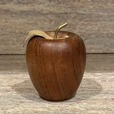 Hand Carved Teak Apple & Brass Bottle Opener Leather Leaf Brass Stem Vintage MCM
