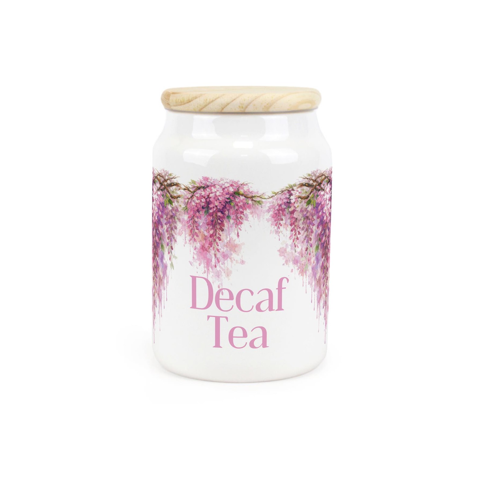 Pink Wisteria Decaf Tea Canister - Pink Floral Ceramic Kitchen Storage Jar Gift