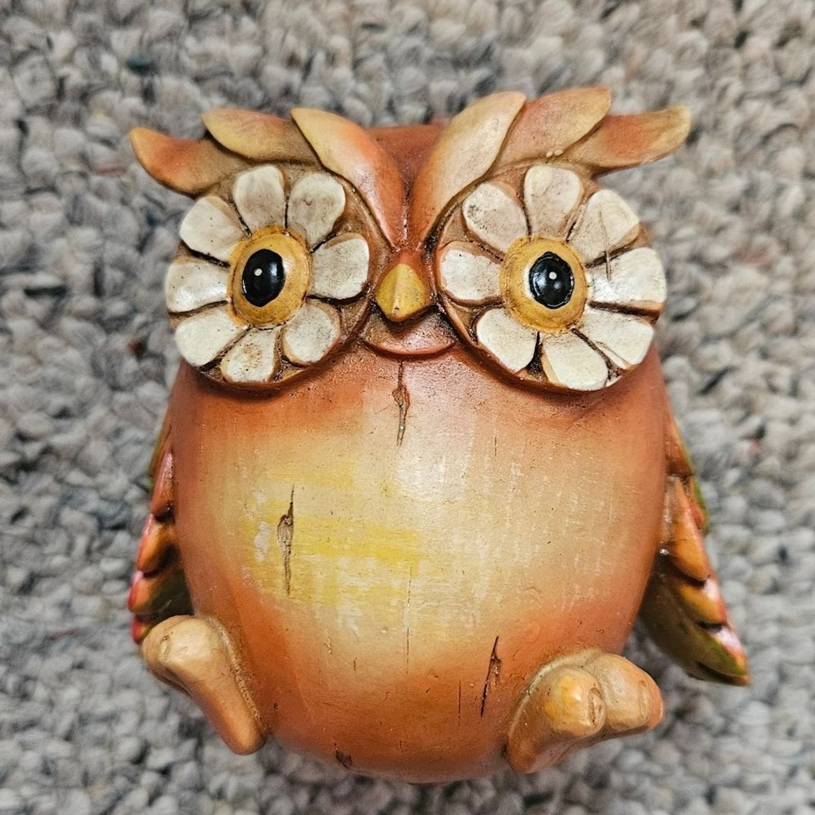 Rustic Autumn Owl Figurine Floral Eyes Woodland Fall Decor Resin