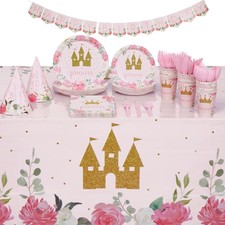 194 Pieces Princess Themed Birthday Party Decorations with Dinnerware, Banner, a