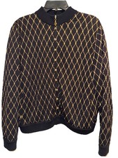 ST. JOHN Sport Wool Blend Full Zip Up Knit Cardigan Jacket Black Gold Sz M/L EUC