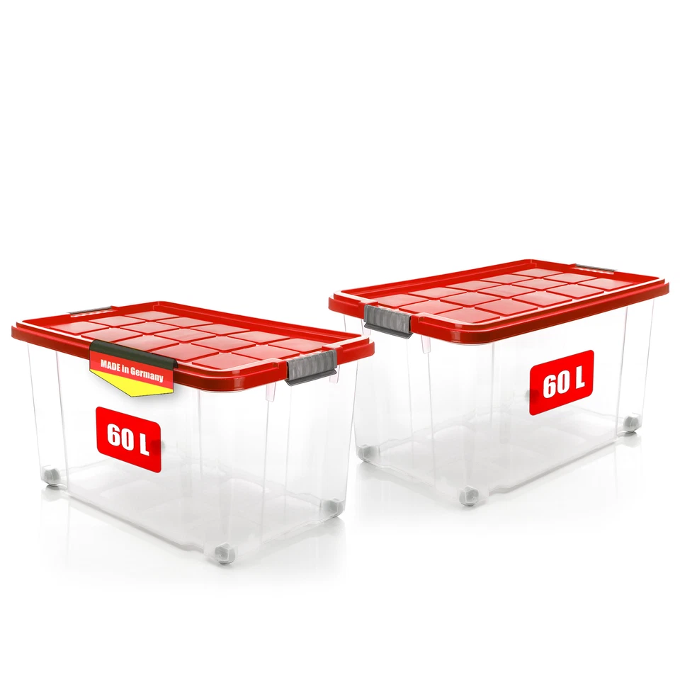 2x 60 L Aufbewahrungsbox mit Deckel groß rot stapelbare rollbare robuste Box