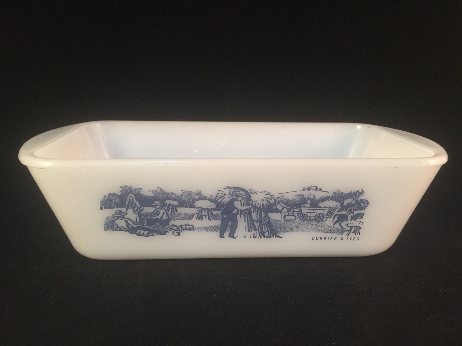 Currier And Ives Glasbake J522 Loaf Bake Pan Dish Ovenware White Blue Amish Farm