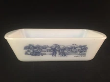 Currier And Ives Glasbake J522 Loaf Bake Pan Dish Ovenware White Blue Amish Farm