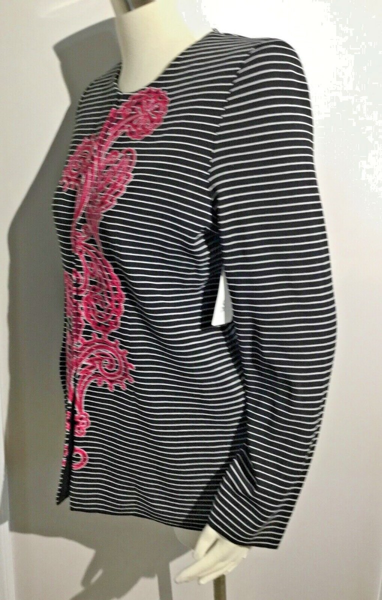 Veste Femme Misook Noir Avec Rayures Blanches Et Broderies Roses - Taille S - Neuf Avec étiquettes (NWT)