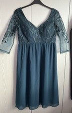 BEAUTIFUL CHI CHI LONDON MATERNITY EVENING DRESS DARK BLUE/GREEN.3/4 SLEEVE S 12