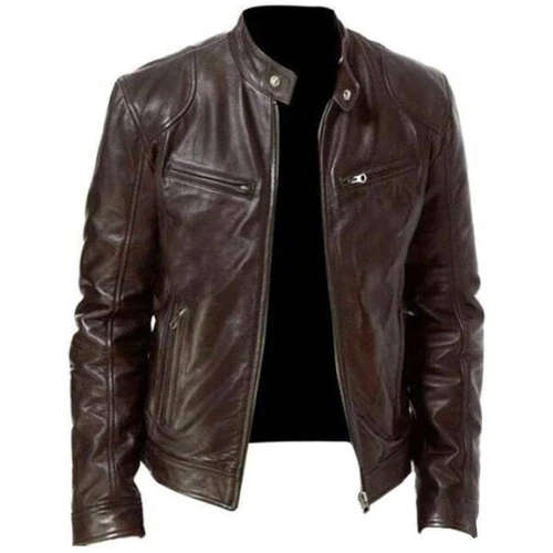 Neu Herren Lederjacke Motorrad Bikerjacken Stehkragen Reißverschluss Outwear DE - Bild 4 von 11