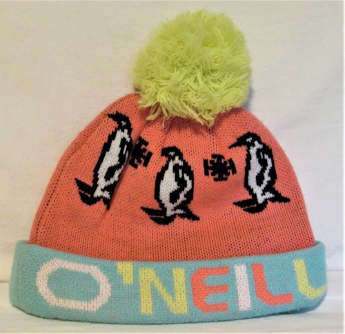 O'NEILL Knit Salmon/Blue/Pink Beanie with Penguins