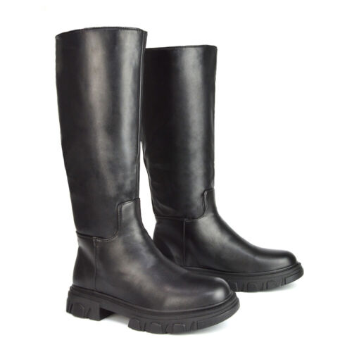 Womens Biker Boots Ladies Calf Knee Riding Winter Pull On Faux Leather Size 3-8 - Picture 2 of 41