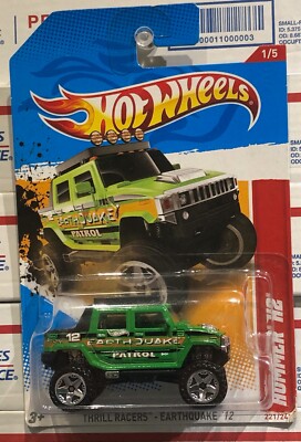 2012 HOT WHEELS HUMMER H2, GREEN, #1/5 THRILL RACERS 12', EARTHQUAKE PATROL, 221