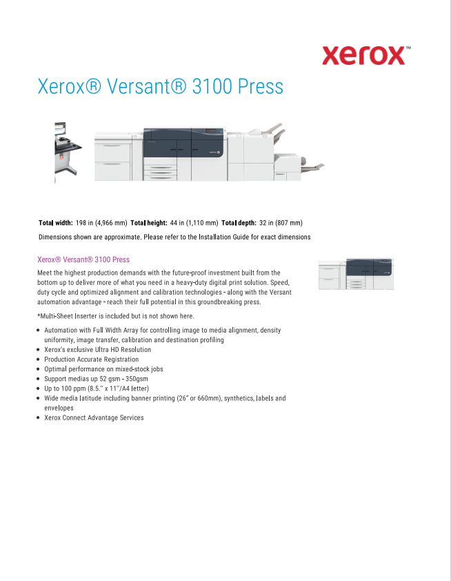 Xerox Versant 3100 Press with 2-Tray Feeder Booklet Finisher EX-P