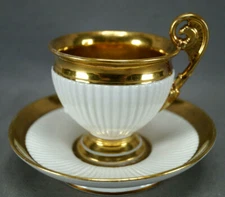 Old Paris Gold & White Ribbed Eagle Handle Empire Form Cup & Saucer C.1820-1830s