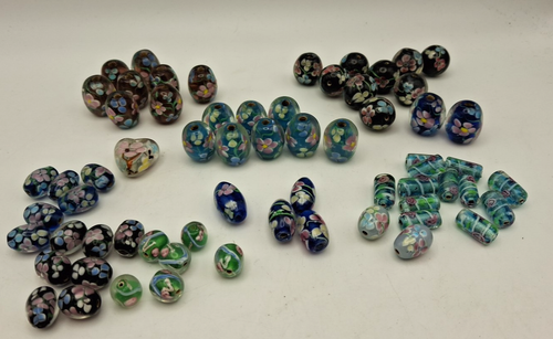 Floral Glas Lampwork Perlen schwarz & blau rund zylindrisch eiförmig Konvolut