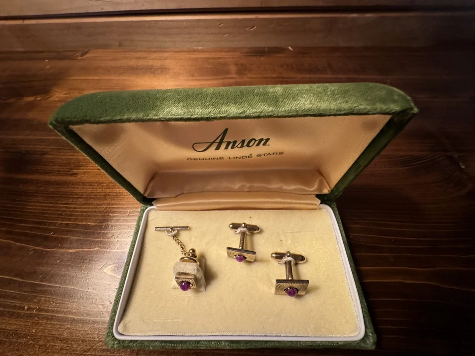 Vintage Anson Genuíno Linde' Estrelas Safira Tie Tac & Cuff Link Conjunto Anos 50 Anos 60 Raro - Imagem 4 de 4