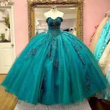 Turquoise Quinceanera Dresses Applique Sweetheart Court Train Sweet 16 Prom Gown