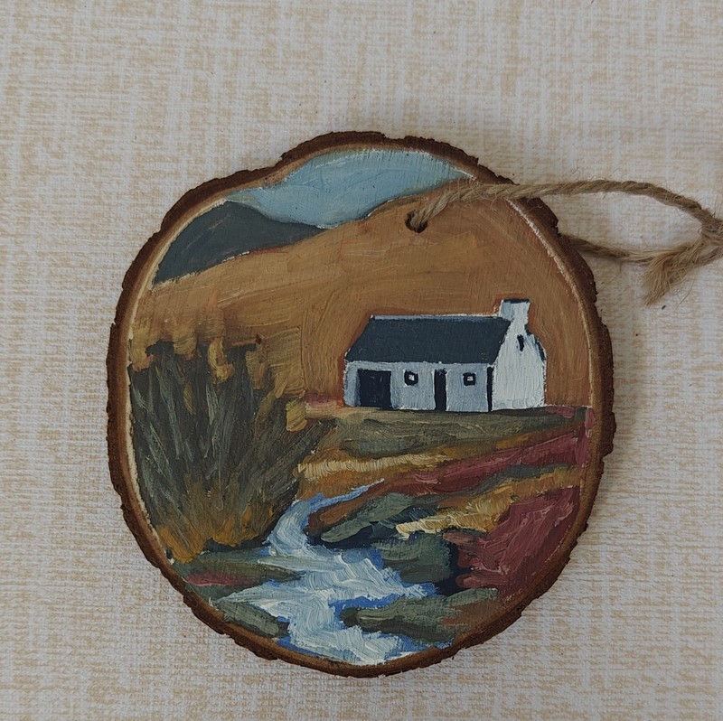 L Lansford Hand Painted Wood Ornament Circle Landscape Artist Designed