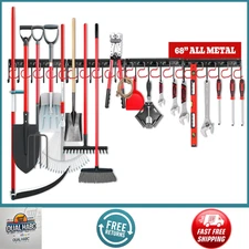 68" Metal Tool Organizer – Wall Mount Rack with Hooks for Broom, Rake, Shovel