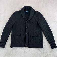Polo Ralph Lauren Cable Knit Shawl Collar Cardigan Black Lambswool Men Large