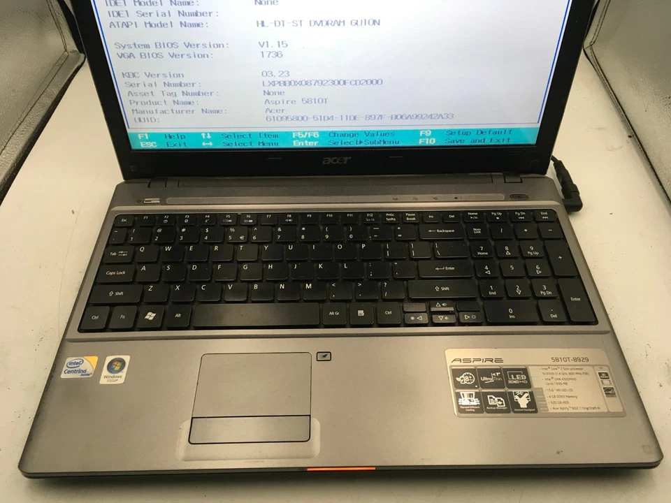 ACER ASPIRE 5810T - BOOTS TO BIOS - INTEL CORE 2 U3500 - 4GB RAM - 15" -READ- BB - Image 3 of 4
