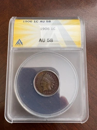 1906 INDIAN HEAD CENT PENNY,  ANACS AU58