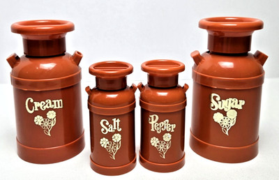 Vintage Milk Can DM Plastics Salt & Pepper Shakers, Cream and Sugar Orange Set