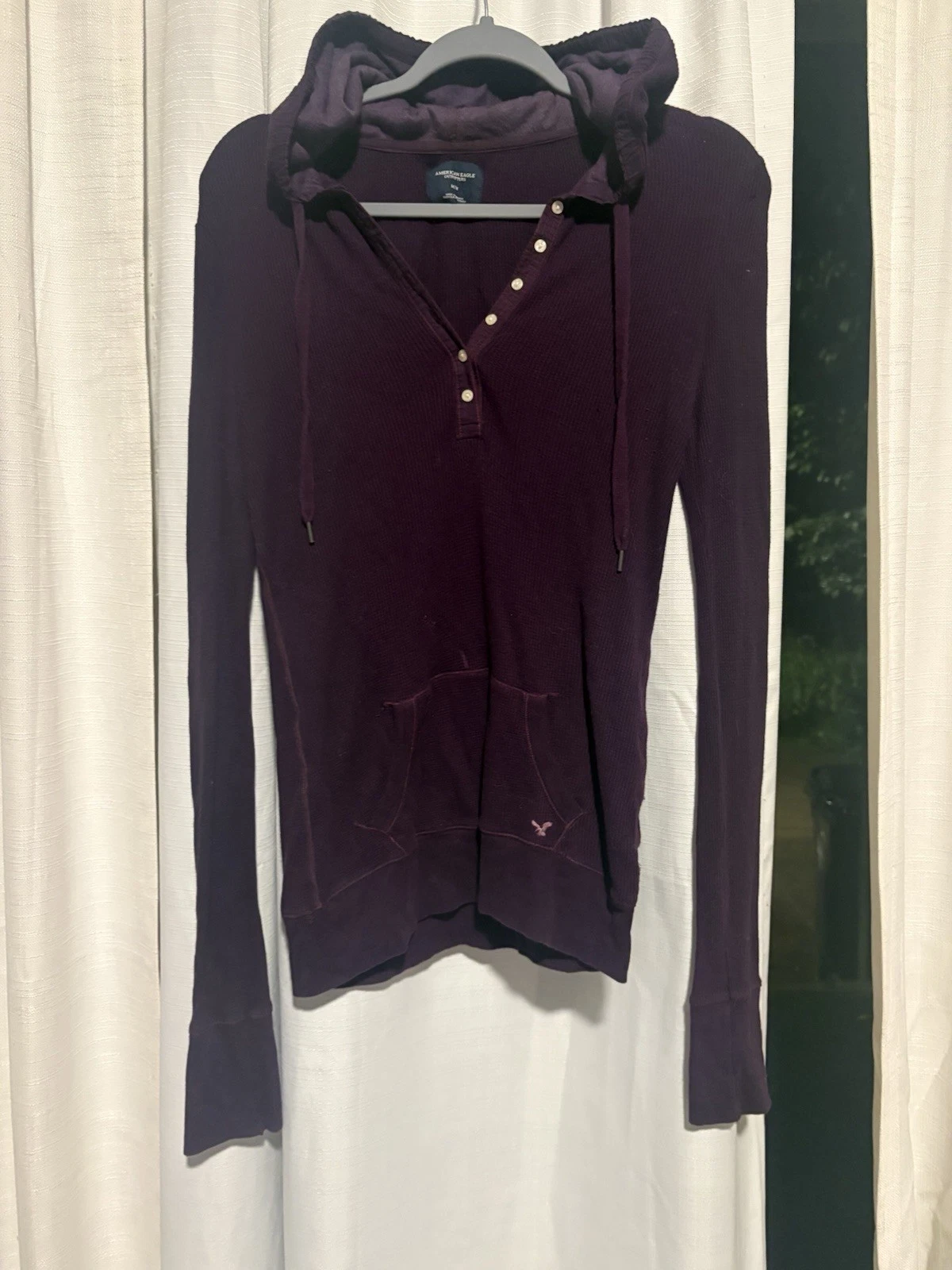 American Eagle Y2k Thermal Waffle Knit Henley Hoodie Women's M PurplePullover