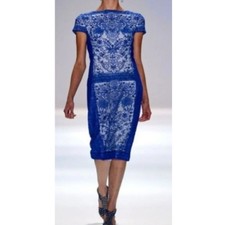 Tadashi Shoji Blue Lace Overlay Dress Cap Sleeve Drop Waist Knee Length Sz 12