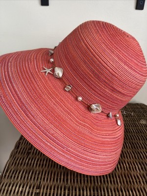 Cappelli Straw Hat Orange Band with shells Cappelli Woven Straw Brim Hat Orange Seashell Embellished  main image 3