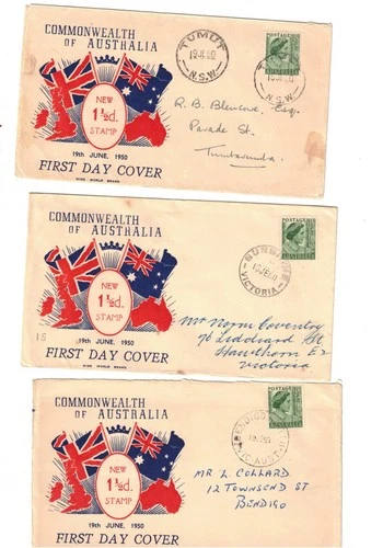 Australia 1950 QM on FDCs,cds SUNSHINE, TUMUT & BENDIGO NORTH  (3)