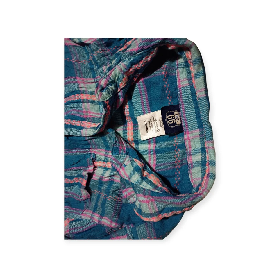 Camisa con botones de franela a cuadros azul y rosa Route 66 para niñas XL 14-16 Foto 3 de 3