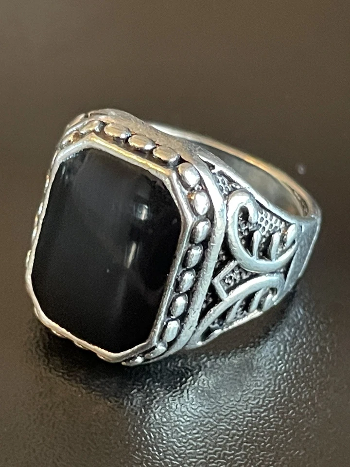 Шестиугольный черный обсидиан драгоценный камень S925 серебро покрытием мужчин женщин кольцо размер 9 - Изображение 3 из 4