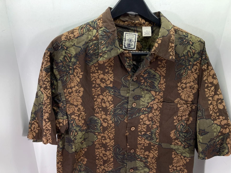 Round Tree & Yorke Hawaiian Button Up Shirt Mens M Brown Cotton Floral Beach - Image 4 of 4