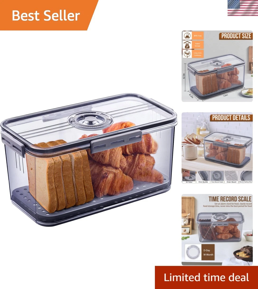Elegant Airtight Bread Box with Time Recording, Grey - 6L Capacity for Freshness