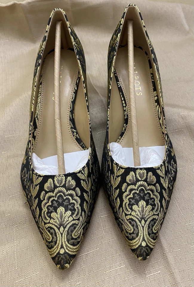 Ann Taylor черный цветочный золотой лист котенок каблуки насос 7,5 кожаная подошва отличном! - Изображение 4 из 4