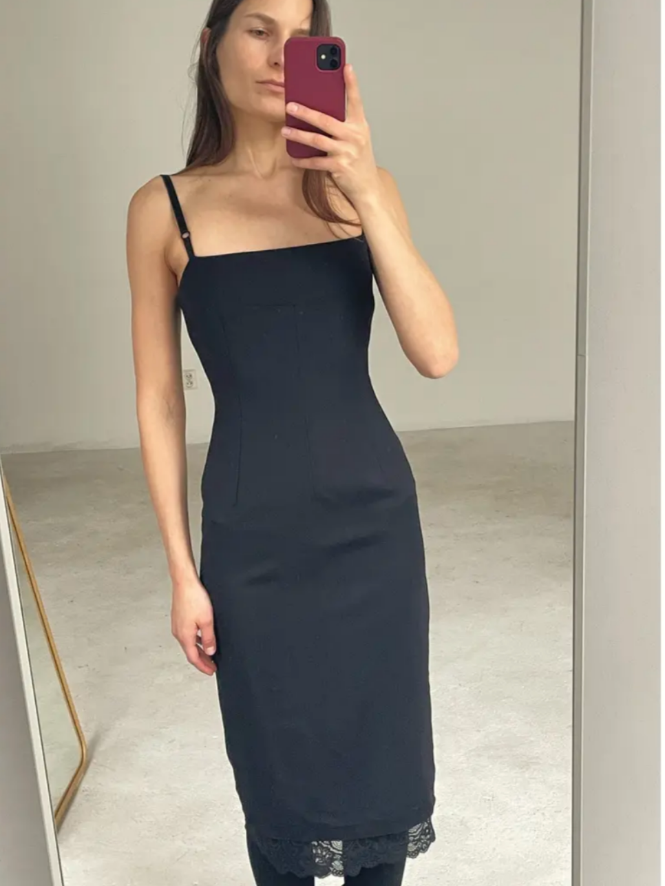 D&G vintage 90s black slip pencil dress with lace trimming - Size XS