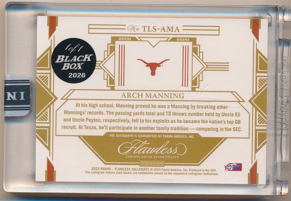 ARCH MANNING 2023 PANINI FLAWLESS RC ROOOKIE BLACK BOX AUTOGRAPH TEXAS AUTO 1/1 view 2