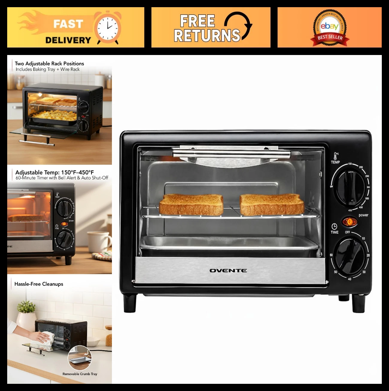 8L Countertop Toaster Oven, 60-Minute Timer, Adjustable Temp, Easy-Clean, 750W M