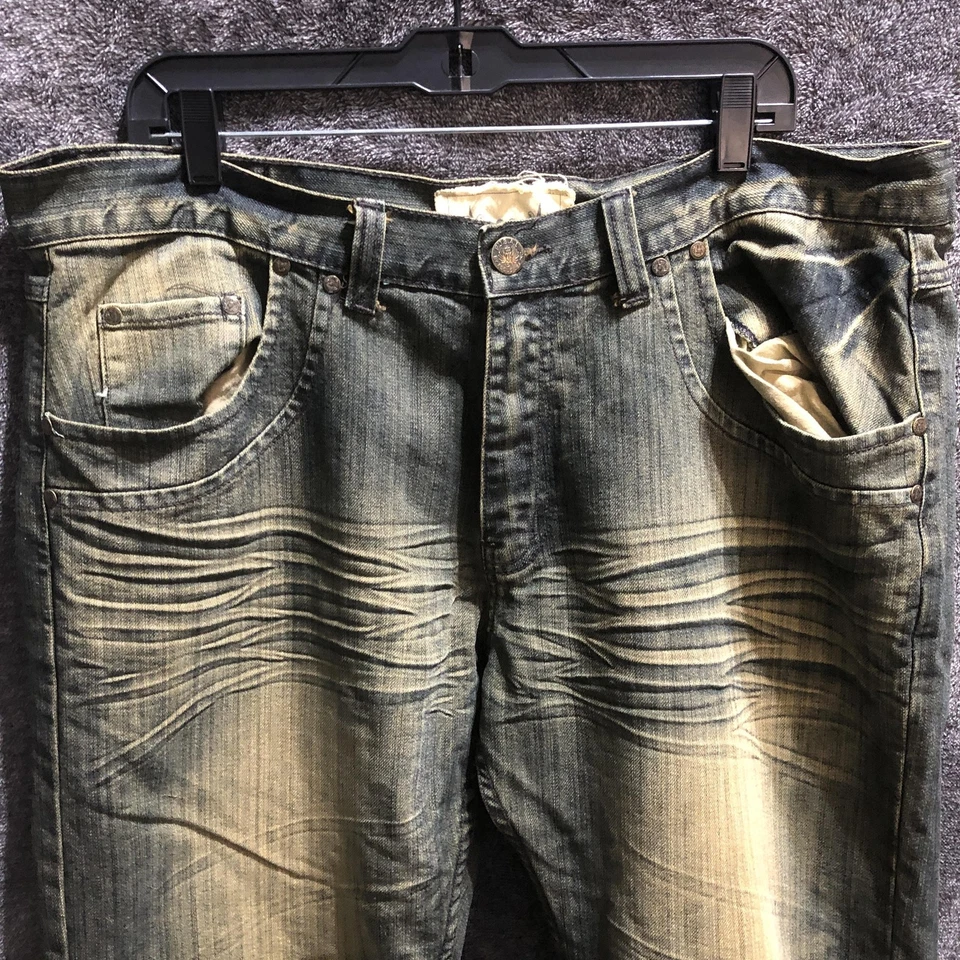 Jeans FUSAI Para Hombres 40 Azul Verde Envejecido Denim Bigotes Solapa Bolsillos Moto Foto 4 de 4