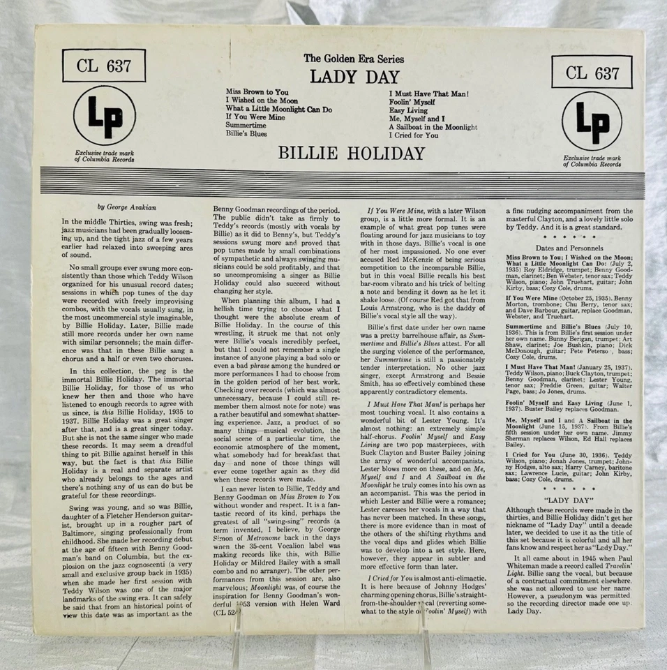 LP: Billie Holiday, Lady Day, Columbia, Mono, 1954, 6 eye, Jazz - Image 2 of 4