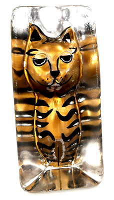 VTG Cat Paperweight Art Deco 3D Style Reverse Painted Gold With Black Stripes